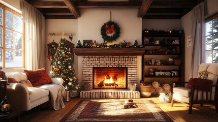 Naklejka premium Cozy Christmas Cottage Living Room with Fireplace