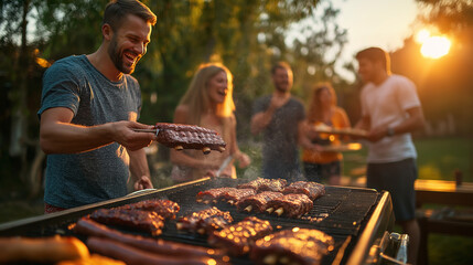 Family gathering around a large grill, cooking barbecue ribs, burgers, and sausages on a sunny afternoon