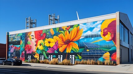 Obraz premium Vibrant Murals and Renewable Energy Infrastructure Powering Sustainable Urban Communities