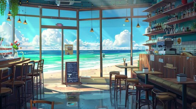 A bright and inviting interior of a caf&eacute; overlooking the beach on a sunny day, perfect for relaxation and enjoyment
 Seamless looping 4k time-lapse virtual video animation Generated AI