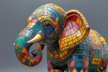 Fototapeta premium A vibrant mosaic elephant sculpture made of colorful stained glass tiles with detailed features