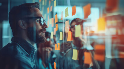 Obraz premium A group of professionals mapping out future business strategies using sticky notes on a glass wall