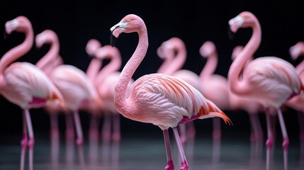 Naklejka premium A flamingo ballet troupe performs for an audience of admiring animals, illustrating the appreciation of art across different groups or the bridging of cultural divides