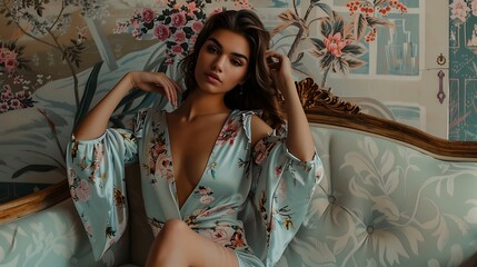 Fototapeta premium Highly detailed image of a model posing in elegant loungewear with a serene home backdrop