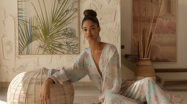 Highly detailed image of a model posing in elegant loungewear with a serene home backdrop