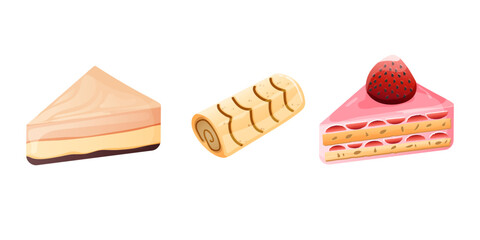 Set of Slice Cake and Roll Cake | Sweet Sugar Dessert Icons and Illustrations | Tasty Pastry and Confectionery Designs | Vector Collection of Sliced Cakes, Swiss Rolls, and Sweet Treats.