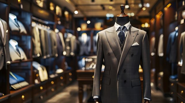 Ultra-sharp image of a model presenting a new line of men is suits in a high-end fashion store