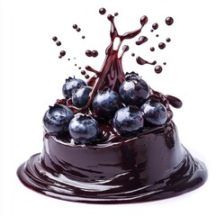 Circular splash swirl of blueberry sauce on fudge, isolated on a white background, showcasing a glossy and indulgent look.