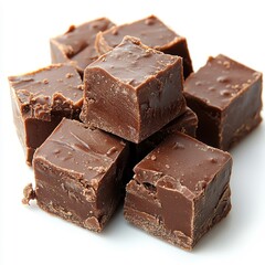 Chocolate fudge isolated on a white background, showcasing its rich, creamy texture.