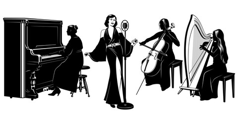 Music Woman Quartet Silhouettes. Singer, pianist, harp and cello players. Jazz and classic music. Vector cliparts isolated on white. © Yurals Art