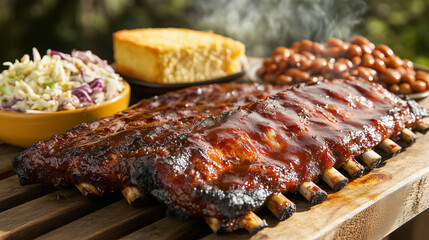 Grilled barbecue pork ribs with smoky glaze, served with coleslaw, baked beans, and cornbread outdoors