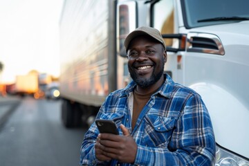Smiling African American male trucker using smartphone