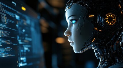 Cyborg Woman Looking at Code