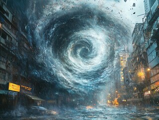 Fototapeta premium A swirling vortex of water threatens to engulf an urban cityscape during a storm.
