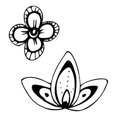 Floral lace flowers and leaves, embroidery exotic orchid rose traditional, folk ethnic stylized. Hand drawn ink vector illustration. Single element isolated on white. Design travel, vacation, brochure