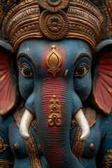 Fototapeta premium Closeup of a blue Ganesha statue with intricate gold details and expressive eyes