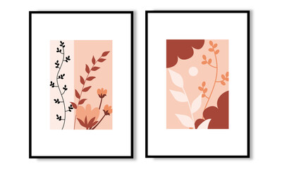 Set of two nature terracotta color wall art vector. Botanical flowers with earthy color wall decoration, wall print, wall decor, art deco, wallpaper and vector background
