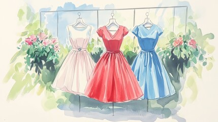 Obraz premium Charming display of three vintage dresses in vibrant colors surrounded by blooming flowers, perfect for fashion and decor themes.