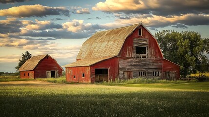 Obraz premium Weathered Barns in Scenic Countryside Landscape with Dramatic Sky at Sunset