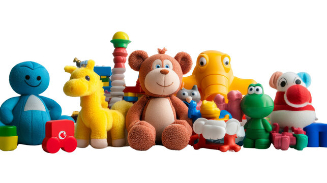 A group of stuffed animals are lined up on a white background. isolated on transparent background, PNG file