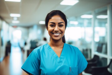 Fototapeta premium Portrait of a young nurse in scrubs at hospital