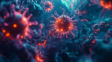 Fototapeta premium Glowing Neon Virus Image Highlighting Microscopic Biology and the Spread of Contagious Disease During a Pandemic