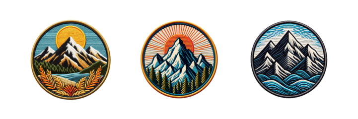 Set of mountain embroidered patch badge, isolated over on transparent white background