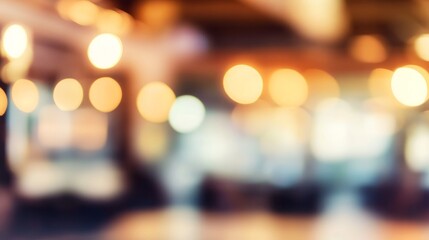Abstract blurred background of a cafe or restaurant with bokeh lights and warm tones.