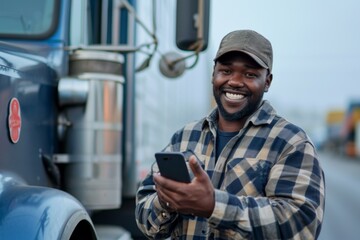Smiling African American male trucker using smartphone