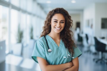 Portrait of a young nurse in scrubs at hospital
