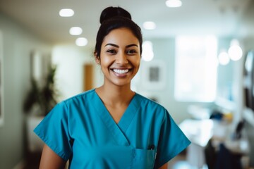 Portrait of a young nurse in scrubs at hospital