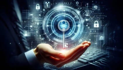 Obraz premium Abstract cyber security concept with key and binary code.