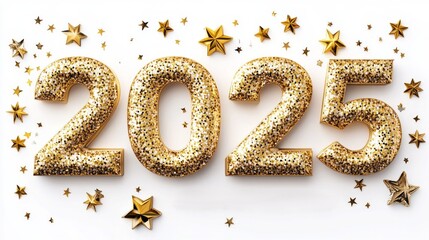 3D golden text "2025" with glitter and stars on a white background, PNG file of the word "characteristics", AI Generative