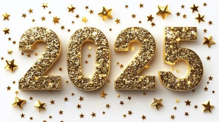 3D golden text "2025" with glitter and stars on a white background, PNG file of the word "characteristics", AI Generative
