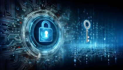 Abstract cyber security concept with key and binary code.