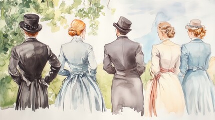 Elegant vintage scene depicting a group of people in classic attire, enjoying a serene outdoor setting.