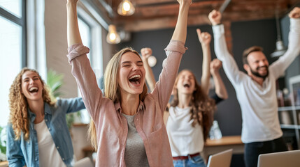 Fototapeta premium Employees cheering after successfully completing a teamwork challenge at a corporate event