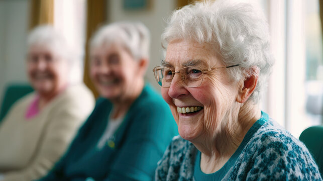 Happy elderly woman smiling with friends in nursing home, showcasing joy and companionship. warm atmosphere highlights importance of social connections among seniors
