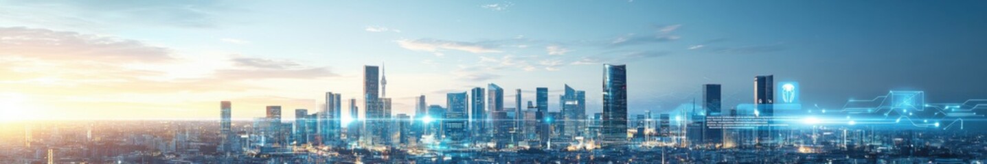 Fototapeta premium The design should feature a futuristic cityscape with stylized elements representing each sector--modern skyscrapers for Real Estate