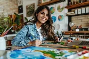 Fototapeta premium Young woman painting in a creative studio with vibrant artwork and a cozy atmosphere