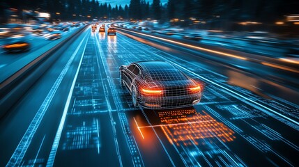 A wireframe car drives down a glowing highway, depicting a futuristic or digital road.
