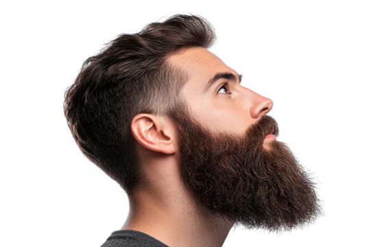 Profile of a man with a full beard looking up, in a white isolate background.