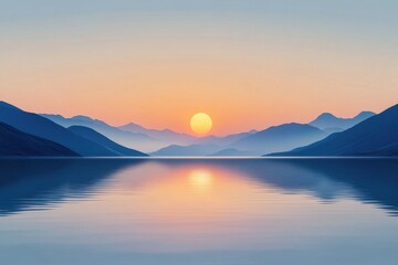 Beautiful sunrise over calm lake, sun reflecting on water, mountains in the distance, blue sky with clouds
