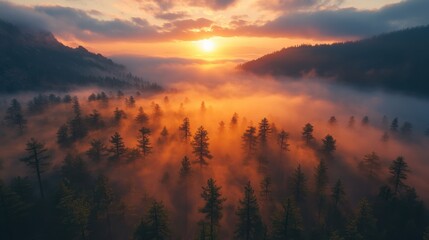 Obraz premium Misty morning sunrise over tranquil lake, mountains reflected in still water, sun peeking through clouds