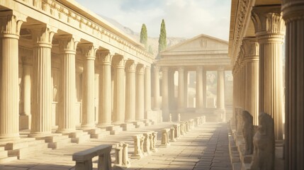 Naklejka premium Serene view of ancient Greek architecture with majestic columns and warm sunlight illuminating the historic ruins.
