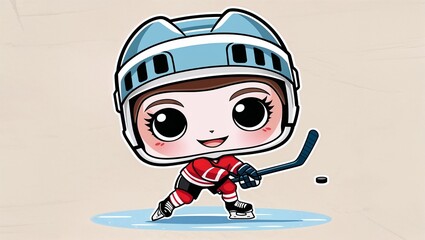 Chibi ice hockey player with helmet and stick on ice, vector illustration