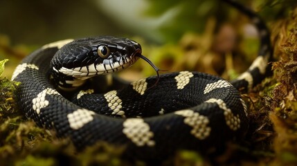 Naklejka premium A black and white snake with striped skin, also known as the 