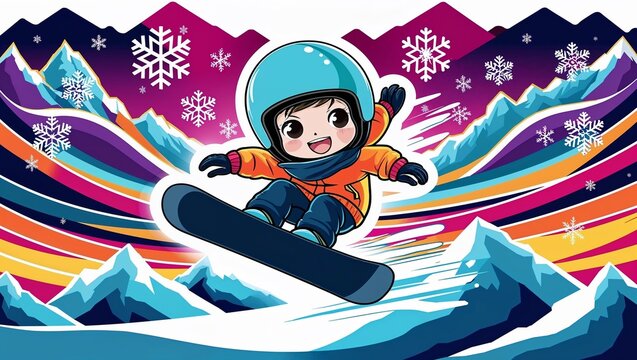 Chibi snowboarder in colorful landscape with snowflakes, vector illustration