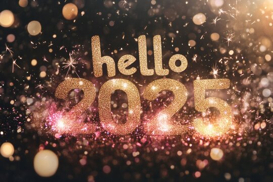 a black background with the words "hello 2025" written in gold and pink lit sparks, dark pink and brown, silver and black, AI Generative