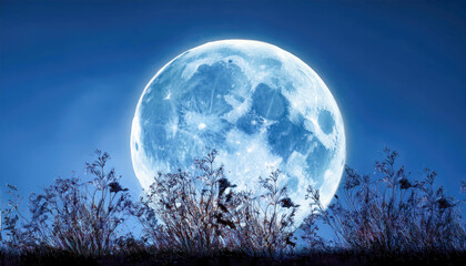 Fototapeta premium Blue Full Moon of August with plants in front 